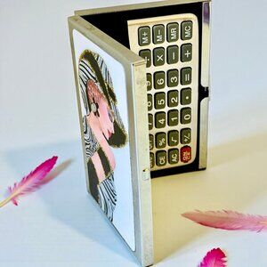 Pocket Calculator and Business Card Holder Shiny Metal Case Woman Glitter NEW